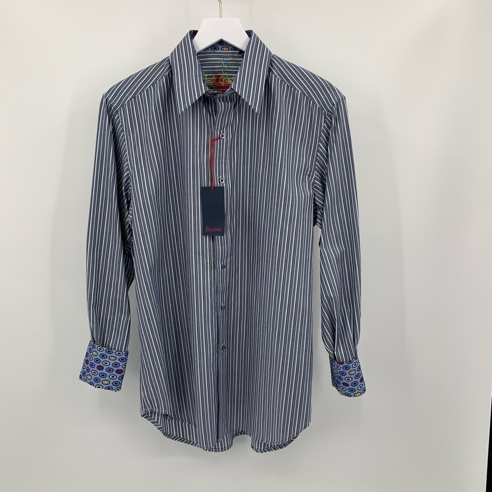Robert Graham Union blue shirt stripe gray cotton paisley button men new Small